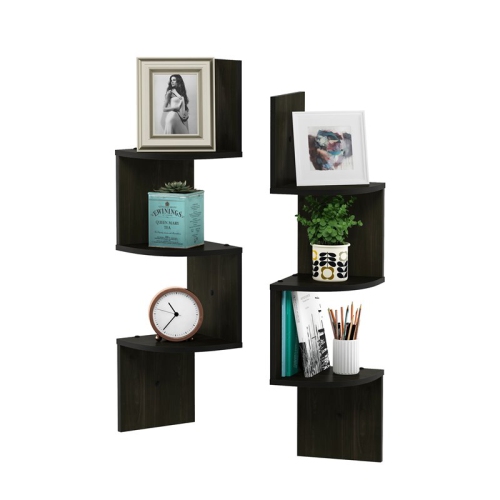Furinno Rossi Wood Wall Mount Floating Corner Radial Shelf in Espresso(Set of 2)