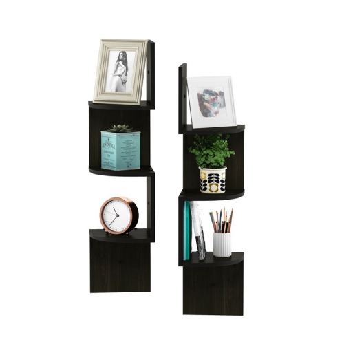 Furinno Rossi Wood Wall Mount Floating Corner Radial Shelf in Espresso(Set of 2)
