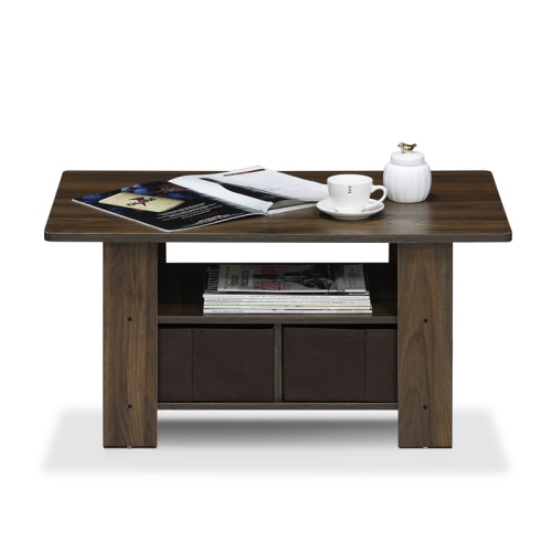Furinno Andrey Wood Coffee Table with Bin Drawer in Columbia Walnut/Dark Brown
