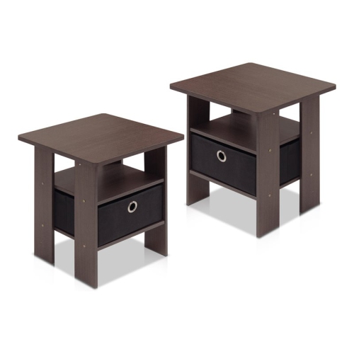 Furinno Andrey Wood End Table with Bin Drawer in Dark Brown/Black