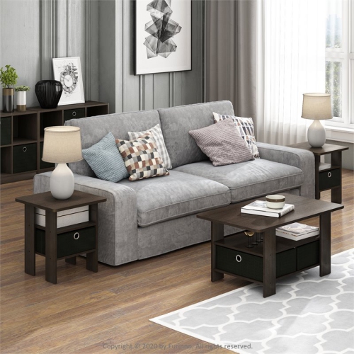 Furinno Andrey Wood End Table with Bin Drawer in Dark Brown/Black