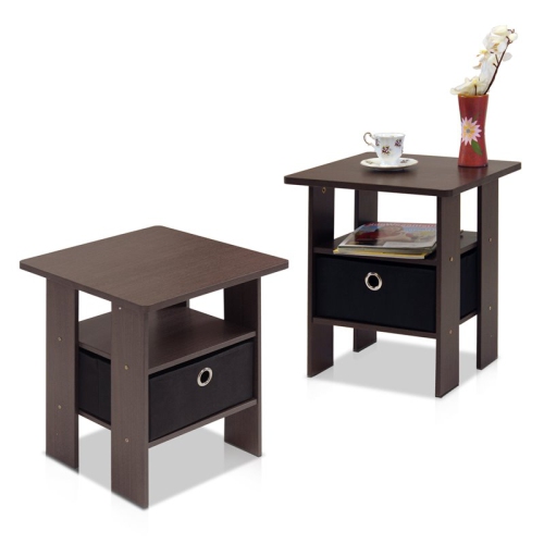 Furinno Andrey Wood End Table with Bin Drawer in Dark Brown/Black
