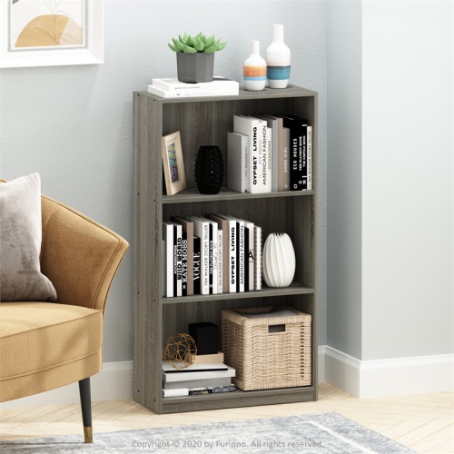 Furinno Basic Engineered Wood 3-Tier Bookcase Storage Shelves in French Oak Gray