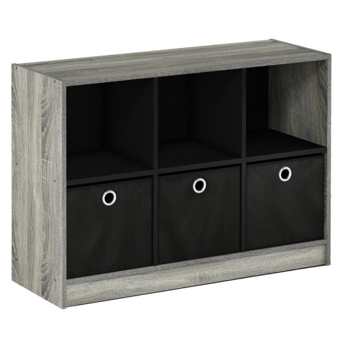 FURINNO  Basic Wood 3X2 Bookcase Storage W/bins In French Oak Gray/black