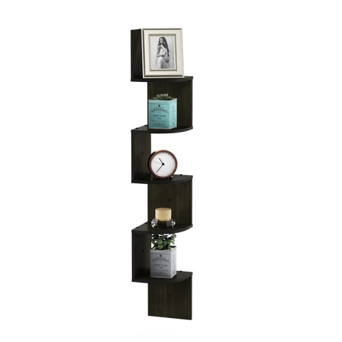Furinno Rossi Wood 5-Tier Wall Mount Floating Radial Corner Shelf in Espresso