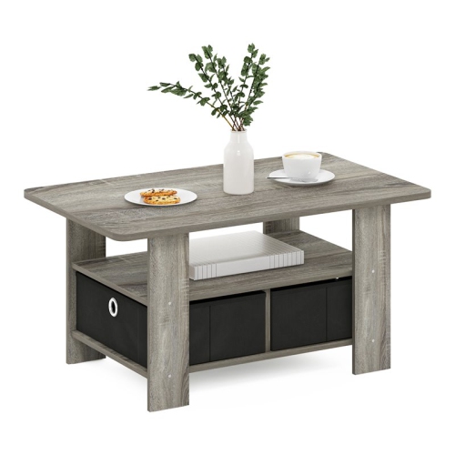 Furinno Andrey Wood Coffee Table with Bin Drawer in French Oak Gray/Black