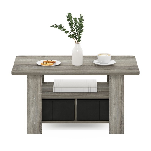 Furinno Andrey Wood Coffee Table with Bin Drawer in French Oak Gray/Black