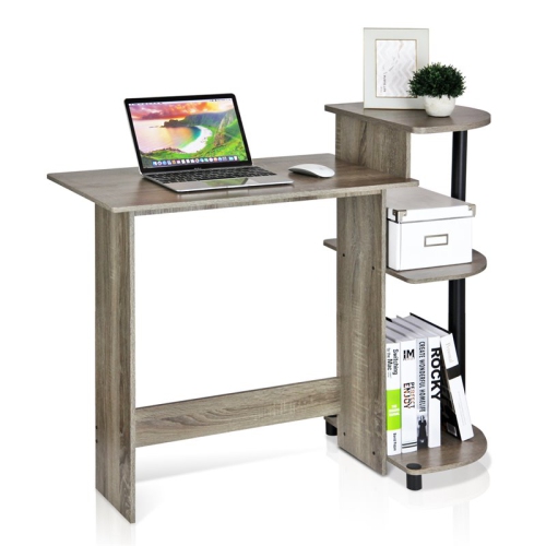 Furinno Wood Compact Computer Desk with Shelves in French Oak Gray/Black