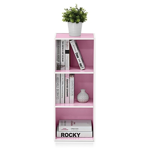 Furinno Luder Engineered Wood 3-Tier Open Shelf Bookcase in White/Pink