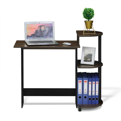 Furinno Wood Compact Computer Desk with Shelves in Columbia Walnut/Black