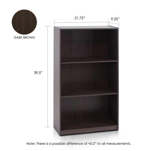 Furinno Basic Engineered Wood 3-Tier Bookcase Storage Shelves in Dark Brown