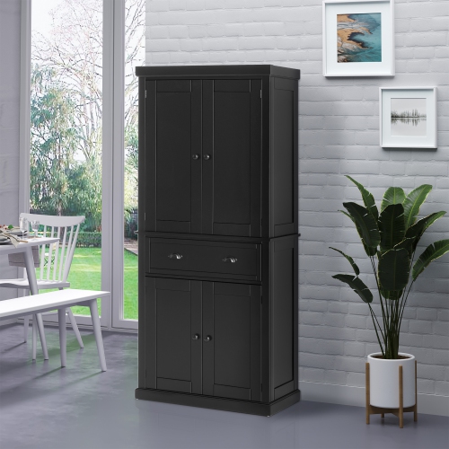 HOMCOM 72" Tall Kitchen Pantry Cabinet, Modern Buffet Storage Cabinet with 4 Recessed Doors, Drawer and Adjustable Shelves, Black