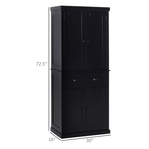 HOMCOM 72" Tall Kitchen Pantry Cabinet, Modern Buffet Storage Cabinet with 4 Recessed Doors, Drawer and Adjustable Shelves, Black