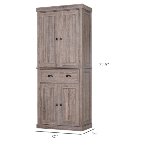 HOMCOM 72" Tall Kitchen Pantry Cabinet, Modern Buffet Storage Cabinet with 4 Recessed Doors, Drawer and Adjustable Shelves, Dark Wood Grain