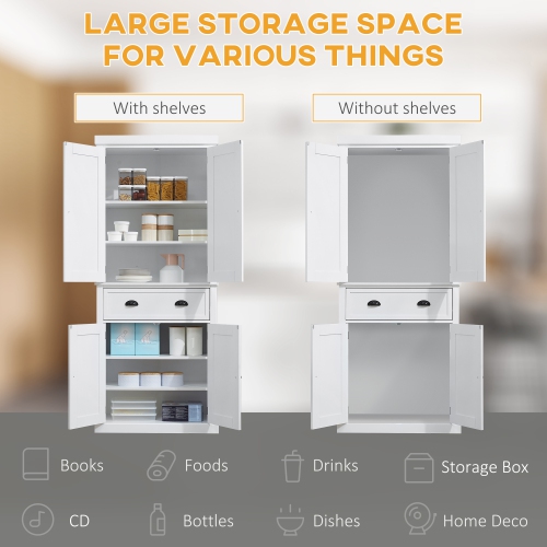 HOMCOM 72" Tall Kitchen Pantry Cabinet, Modern Buffet Storage Cabinet with 4 Recessed Doors, Drawer and Adjustable Shelves, White