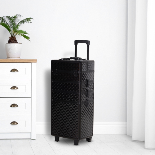 HOMCOM 4 in 1 Rolling Aluminum Makeup Train Case, Portable Professional Cosmetic Makeup Case with Lock and 2 Keys, 2 Wheels, Multiple Compartments