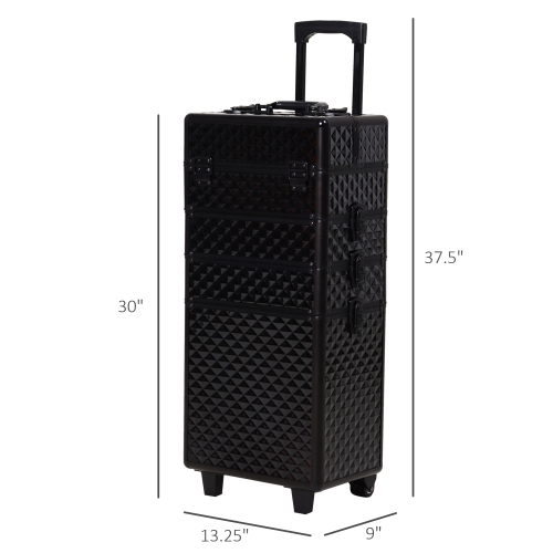 HOMCOM 4 in 1 Rolling Aluminum Makeup Train Case, Portable Professional Cosmetic Makeup Case with Lock and 2 Keys, 2 Wheels, Multiple Compartments