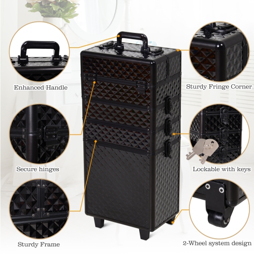 HOMCOM 4 in 1 Rolling Aluminum Makeup Train Case, Portable Professional Cosmetic Makeup Case with Lock and 2 Keys, 2 Wheels, Multiple Compartments