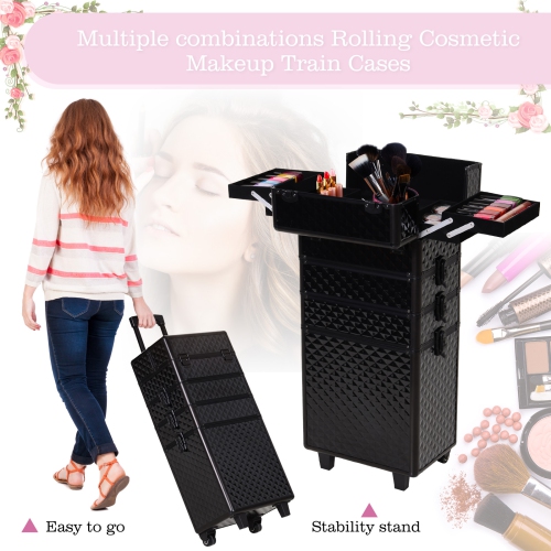 HOMCOM 4 in 1 Rolling Aluminum Makeup Train Case, Portable Professional Cosmetic Makeup Case with Lock and 2 Keys, 2 Wheels, Multiple Compartments