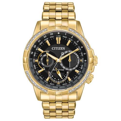 CITIZEN  Mens Calendrier Japanese Eco-Drive Watch 44MM Gold-Tone Stainless Steel Case And Bracelet With Dial (Bu2082-56E) In Black