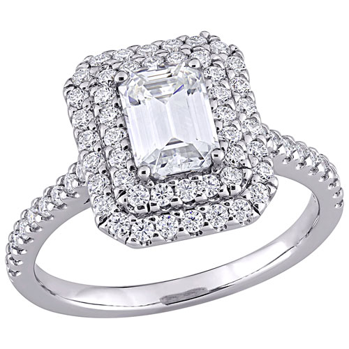 Amour Halo White Emerald-Cut Created Moissanite Ring in 10K White Gold - Size 6