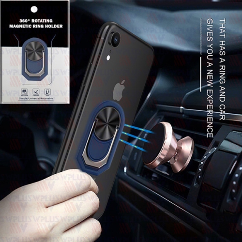 Support de poignée d'anneau en métal à rotation à 360 ° Béquille pour support de voiture magnétique Compatible avec tous les smartphones, Marine