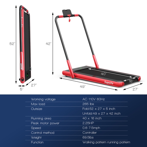 Tapis roulant repliable 2-en-1 avec haut-parleur Bluetooth et télécommande 2,25 CV de Superfit - convient sous le bureau ou le lit - Rouge