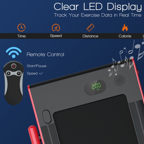 Tapis roulant repliable 2-en-1 avec haut-parleur Bluetooth et télécommande 2,25 CV de Superfit - convient sous le bureau ou le lit - Rouge