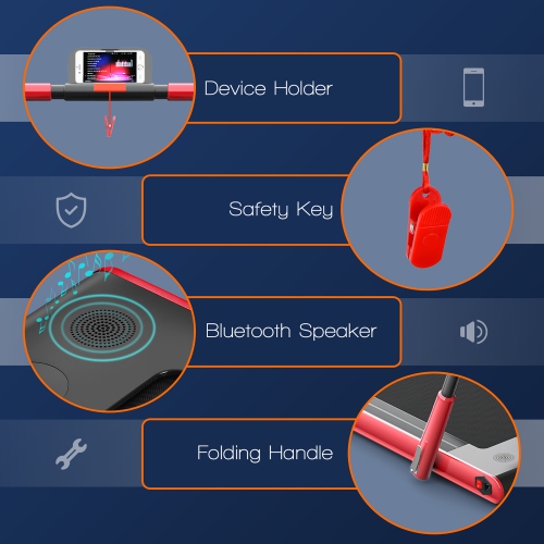 Tapis roulant repliable 2-en-1 avec haut-parleur Bluetooth et télécommande 2,25 CV de Superfit - convient sous le bureau ou le lit - Rouge