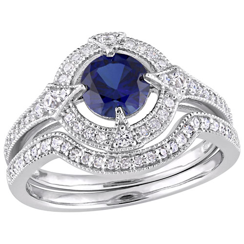 Amour Blue Created Sapphire & 0.33 ctw Diamond Bridal Ring Set in White Silver - Size 6