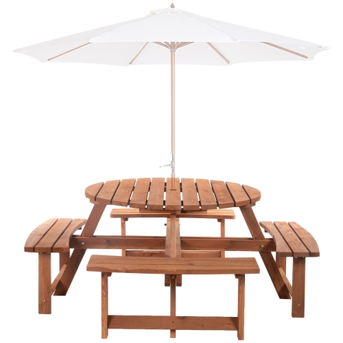 Outsunny Wooden Patio Dining Set for 8 People, Outdoor Table and Benches Set with 4 Double-Seat Benches & Round Picnic Table, Φ70.1" x 27.6" H, Brown