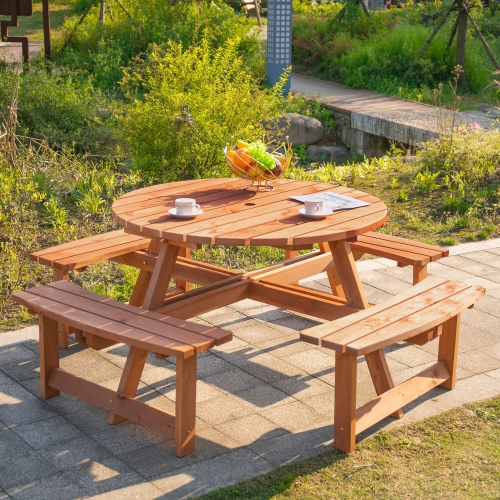 Outsunny Wooden Patio Dining Set for 8 People, Outdoor Table and Benches Set with 4 Double-Seat Benches & Round Picnic Table, Φ70.1" x 27.6" H, Brown