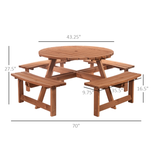 Outsunny Wooden Patio Dining Set for 8 People, Outdoor Table and Benches Set with 4 Double-Seat Benches & Round Picnic Table, Φ70.1" x 27.6" H, Brown