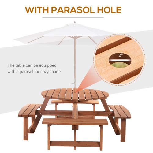 Outsunny Wooden Patio Dining Set for 8 People, Outdoor Table and Benches Set with 4 Double-Seat Benches & Round Picnic Table, Φ70.1" x 27.6" H, Brown