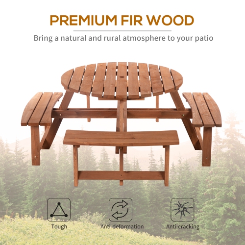 Outsunny Wooden Patio Dining Set for 8 People, Outdoor Table and Benches Set with 4 Double-Seat Benches & Round Picnic Table, Φ70.1" x 27.6" H, Brown