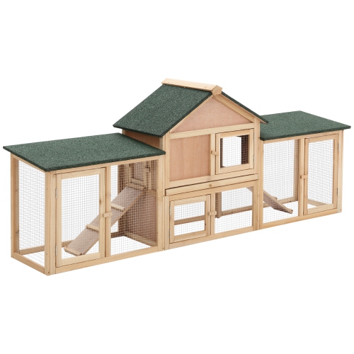 PAWHUT  Large Rabbit Hutch Wood Bunny Cage Outdoor Guinea Pig House With Double Runs Slide Out Tray Ramps, 83"x18"x33", Natural