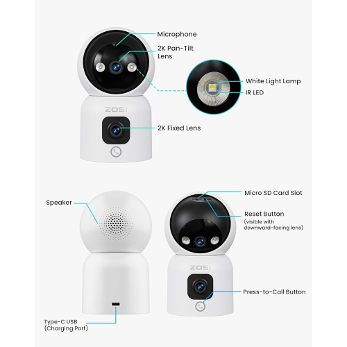 ZOSI C528D 360° Pan/Tilt Dual-Lens 2MP+2MP WIFI Indoor Security Camera, Baby/Pet Monitor, One-Touch Call, Human Tracking,Two-Way Audio, Plug-In Power