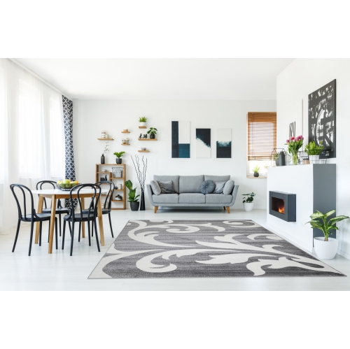 Ladole Rugs Grey White Floral Pattern Contemporary Durable Indoor Area Rug Carpet, 5x7