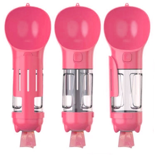 TopSave Multifunctional Pet Water Drinking Bottle Drink Cup Dish Bowl Dispenser for Outdoor Activities, 3in1 300ml-Pink