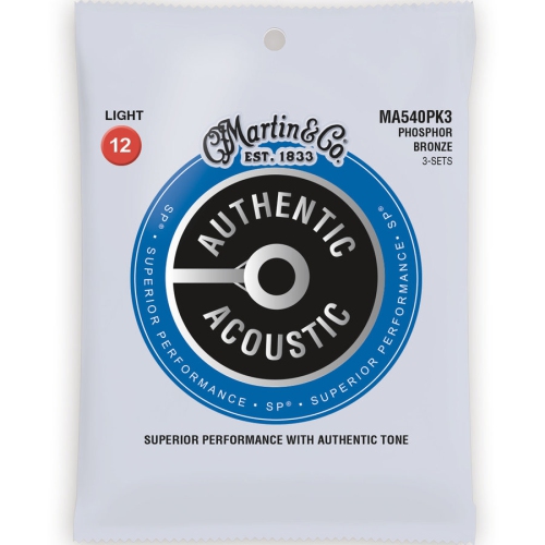 Cordes de guitare acoustique de Martin Authentic SP - 92/8, clair, paquet de 3