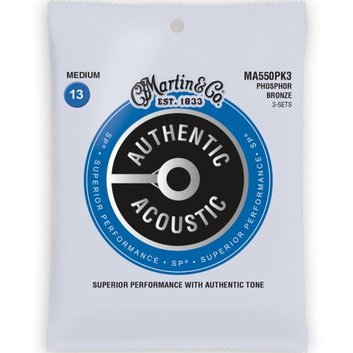 Cordes de guitare acoustique SP de Martin Authentic - 92/8, moyen, paquet de 3