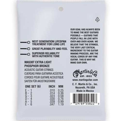 Martin Authentic Lifespan 2.0 Cordes de guitare acoustique - 92/8, Extra Light