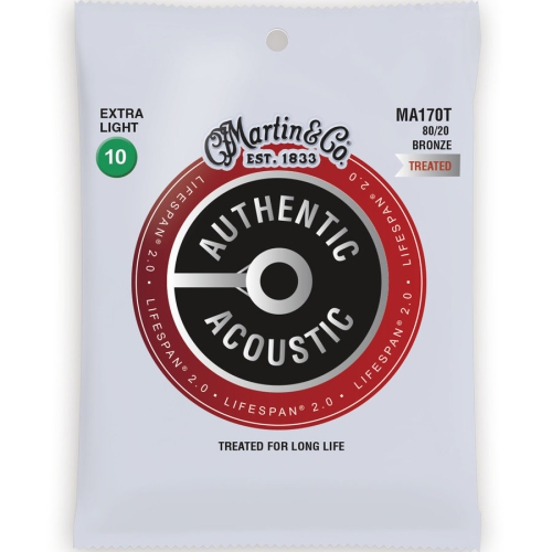 Cordes de guitare acoustique 2.0 durée de vie de Martin Authentic - 80/20, extra légère