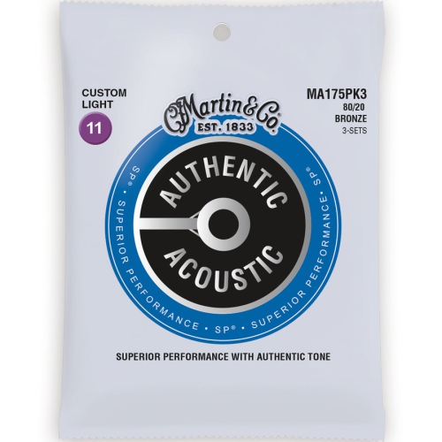 Martin Authentic SP Acoustic Guitar Strings - 80/20, Custom Light, 3 Pack