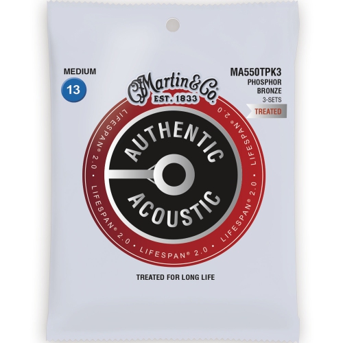 Martin Authentic Lifespan 2.0 Cordes de guitare acoustique - 92/8, Medium, 3 Pack