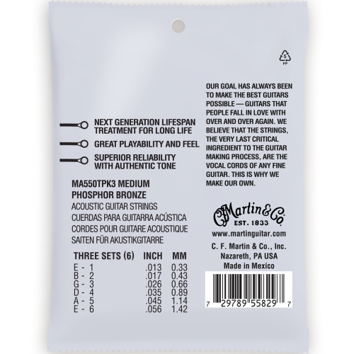 Martin Authentic Lifespan 2.0 Cordes de guitare acoustique - 92/8, Medium, 3 Pack