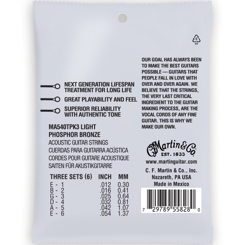 Martin Authentic Lifespan 2.0 Cordes de guitare acoustique - 92/8, Lumière, 3 Pack