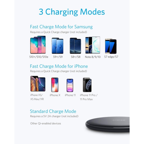 Chargeur sans fil Anker, tapis PowerWave amélioré 10W Max, 7,5 W pour iPhone 11, 11 Pro, 11 Pro Max, XS Max, XR,TP, X, 8, 8 Code PLU...
