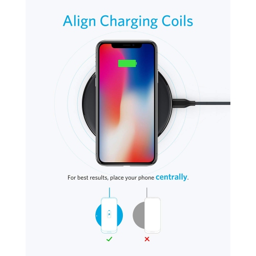 Chargeur sans fil Anker, tapis PowerWave amélioré 10W Max, 7,5 W pour iPhone 11, 11 Pro, 11 Pro Max, XS Max, XR,TP, X, 8, 8 Code PLU...