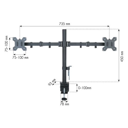 Techly Dual monitor Desk Stand|Supports Two Monitors 13"-27"|Holds Up to 20 kg| VESA Up to100x100|Black